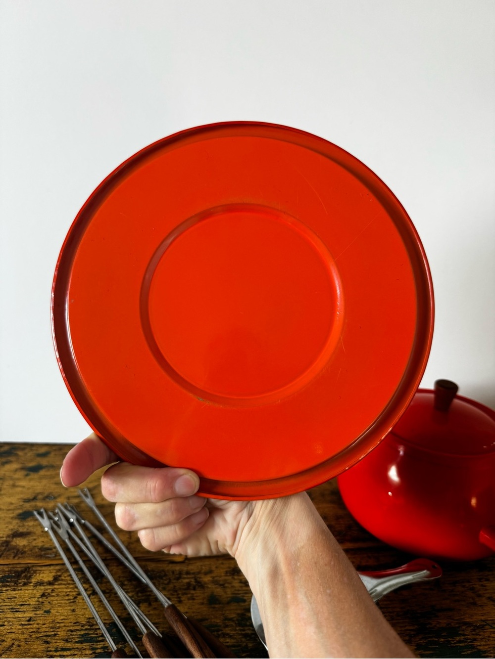 Orange Enamel Chocolate Fondue Pot with Wooden Handle - Brand Unspecified - Picture 12 of 14